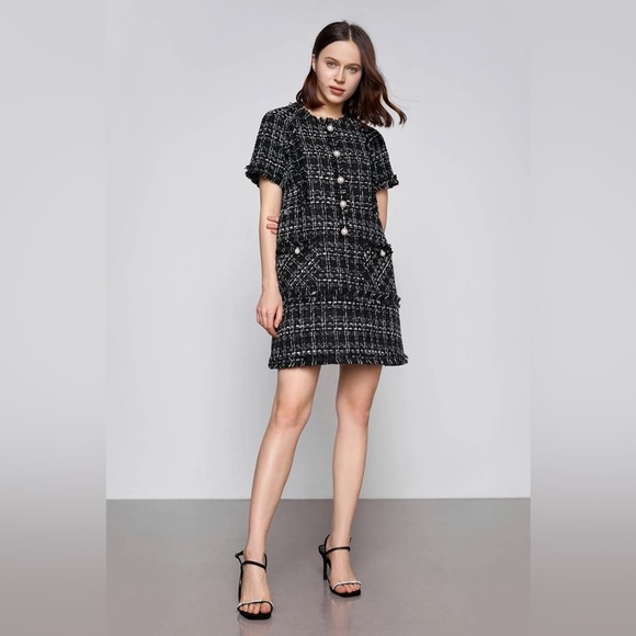 J.ING Emry Black Tweed Short-Sleeve Mini Dress - Picture 1 of 4